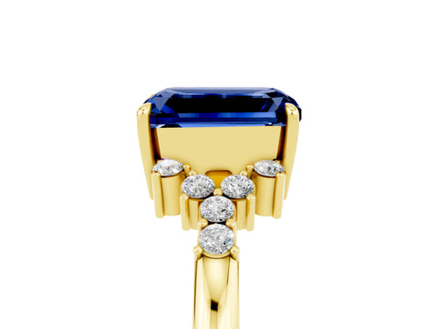Yellow gold Emerald Cut Blue Sapphire Ring with Side Stones and Four-Prong Setting_41