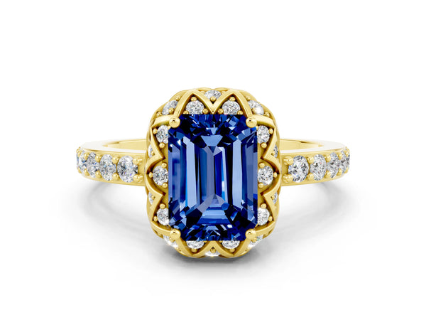 Yellow gold Emerald Cut Blue Sapphire Scalloped Halo Engagement Ring with Round Shared Prong Band