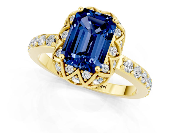 Yellow gold Emerald Cut Blue Sapphire Scalloped Halo Engagement Ring with Round Shared Prong Band