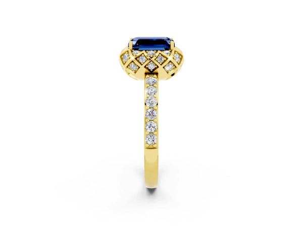 Yellow gold Emerald Cut Blue Sapphire Scalloped Halo Engagement Ring with Round Shared Prong Band