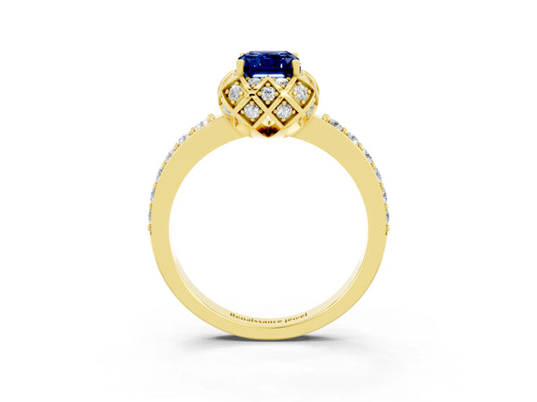 Yellow gold Emerald Cut Blue Sapphire Scalloped Halo Engagement Ring with Round Shared Prong Band