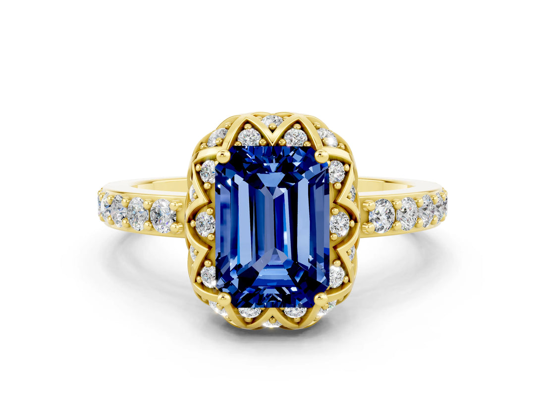 Yellow gold Emerald Cut Blue Sapphire Scalloped Halo Engagement Ring with Round Shared Prong Band_24