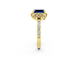 Yellow gold Emerald Cut Blue Sapphire Scalloped Halo Engagement Ring with Round Shared Prong Band_26