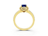 Yellow gold Emerald Cut Blue Sapphire Scalloped Halo Engagement Ring with Round Shared Prong Band_27