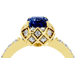 Yellow gold Emerald Cut Blue Sapphire Scalloped Halo Engagement Ring with Round Shared Prong Band_28