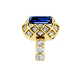 Yellow gold Emerald Cut Blue Sapphire Scalloped Halo Engagement Ring with Round Shared Prong Band_29