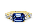 Yellow gold Emerald Cut Blue Sapphire Scattered Round Accent Ring with Prong Setting_12