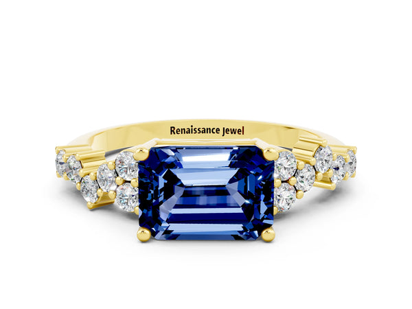 Yellow gold Emerald Cut Blue Sapphire Scattered Round Accent Ring with Prong Setting