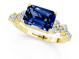 Yellow gold Emerald Cut Blue Sapphire Scattered Round Accent Ring with Prong Setting_13