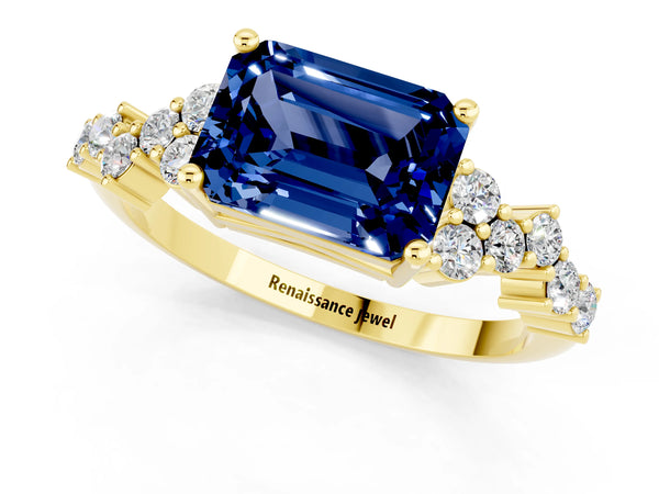 Yellow gold Emerald Cut Blue Sapphire Scattered Round Accent Ring with Prong Setting