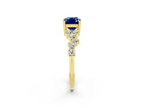 Yellow gold Emerald Cut Blue Sapphire Scattered Round Accent Ring with Prong Setting_14