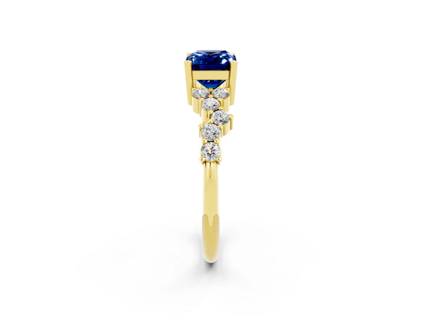 Yellow gold Emerald Cut Blue Sapphire Scattered Round Accent Ring with Prong Setting