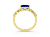 Yellow gold Emerald Cut Blue Sapphire Scattered Round Accent Ring with Prong Setting_15