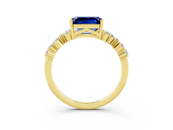 Yellow gold Emerald Cut Blue Sapphire Scattered Round Accent Ring with Prong Setting