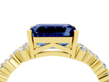 Yellow gold Emerald Cut Blue Sapphire Scattered Round Accent Ring with Prong Setting_16