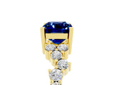 Yellow gold Emerald Cut Blue Sapphire Scattered Round Accent Ring with Prong Setting_17