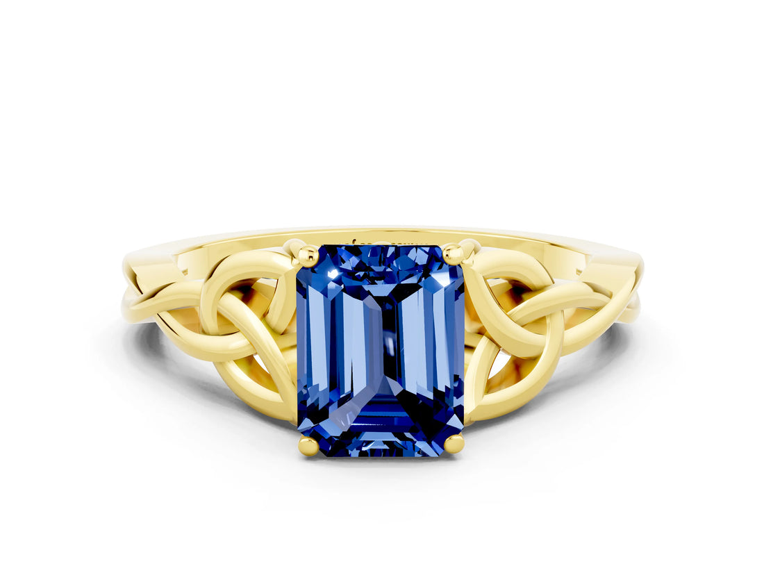 Yellow gold Emerald Cut Blue Sapphire Solitaire Celtic Knot Ring with Four-Prong Setting_12