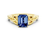 Yellow gold Emerald Cut Blue Sapphire Solitaire Celtic Knot Ring with Four-Prong Setting_12