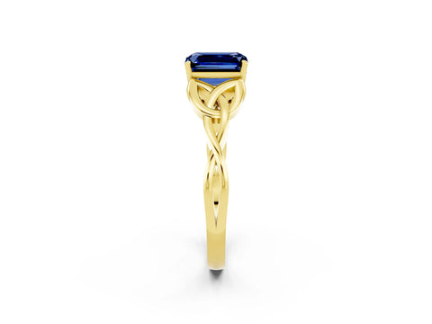 Yellow gold Emerald Cut Blue Sapphire Solitaire Celtic Knot Ring with Four-Prong Setting_14