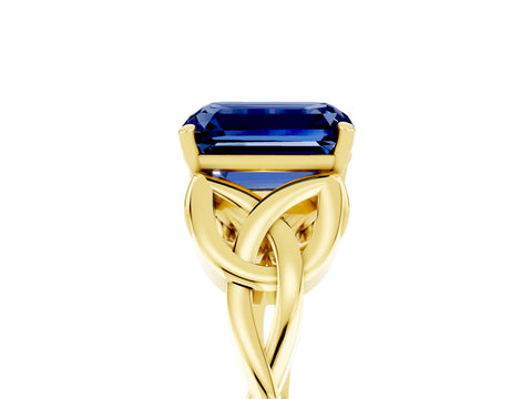Yellow gold Emerald Cut Blue Sapphire Solitaire Celtic Knot Ring with Four-Prong Setting_17