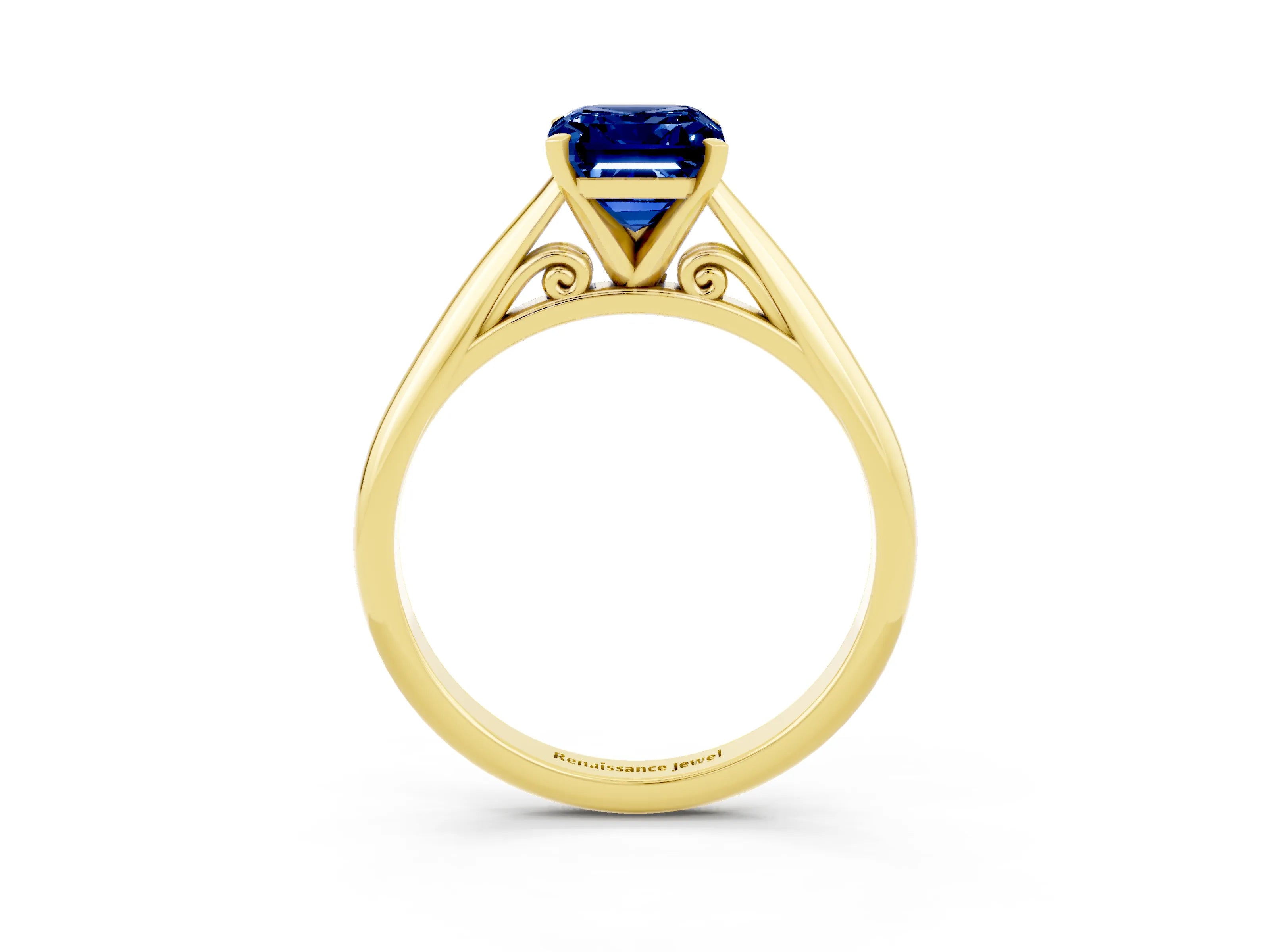 Yellow gold Emerald Cut Blue Sapphire Solitaire Engagement Ring with Cathedral Setting and Four-Prong Mount_15