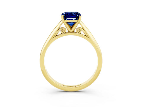 Yellow gold Emerald Cut Blue Sapphire Solitaire Engagement Ring with Cathedral Setting and Four-Prong Mount_15