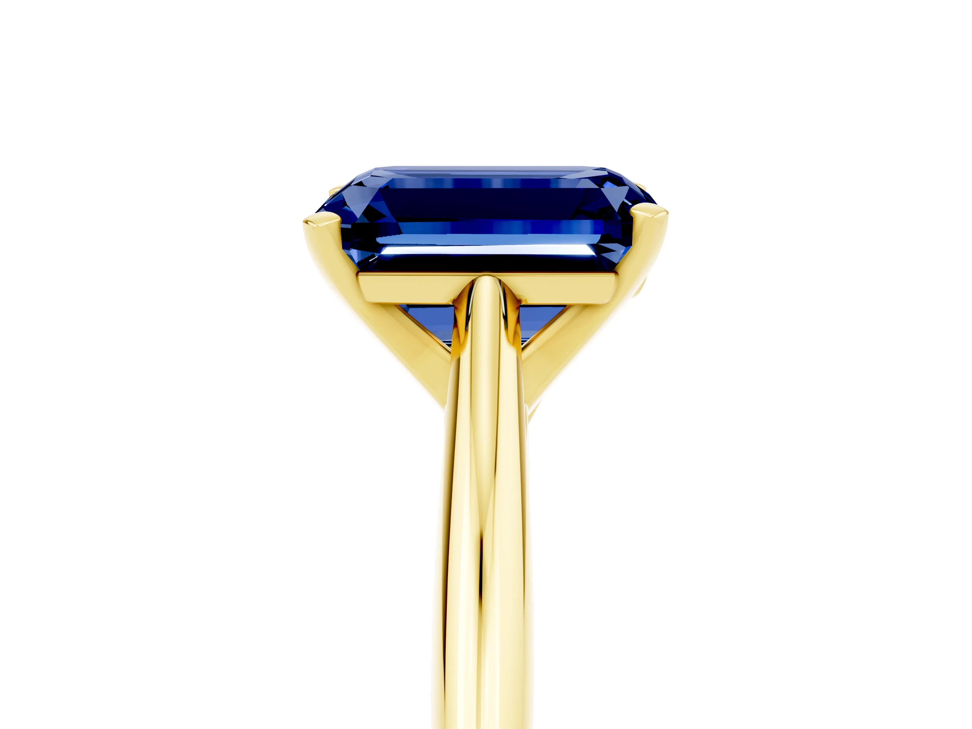 Yellow gold Emerald Cut Blue Sapphire Solitaire Engagement Ring with Cathedral Setting and Four-Prong Mount_17