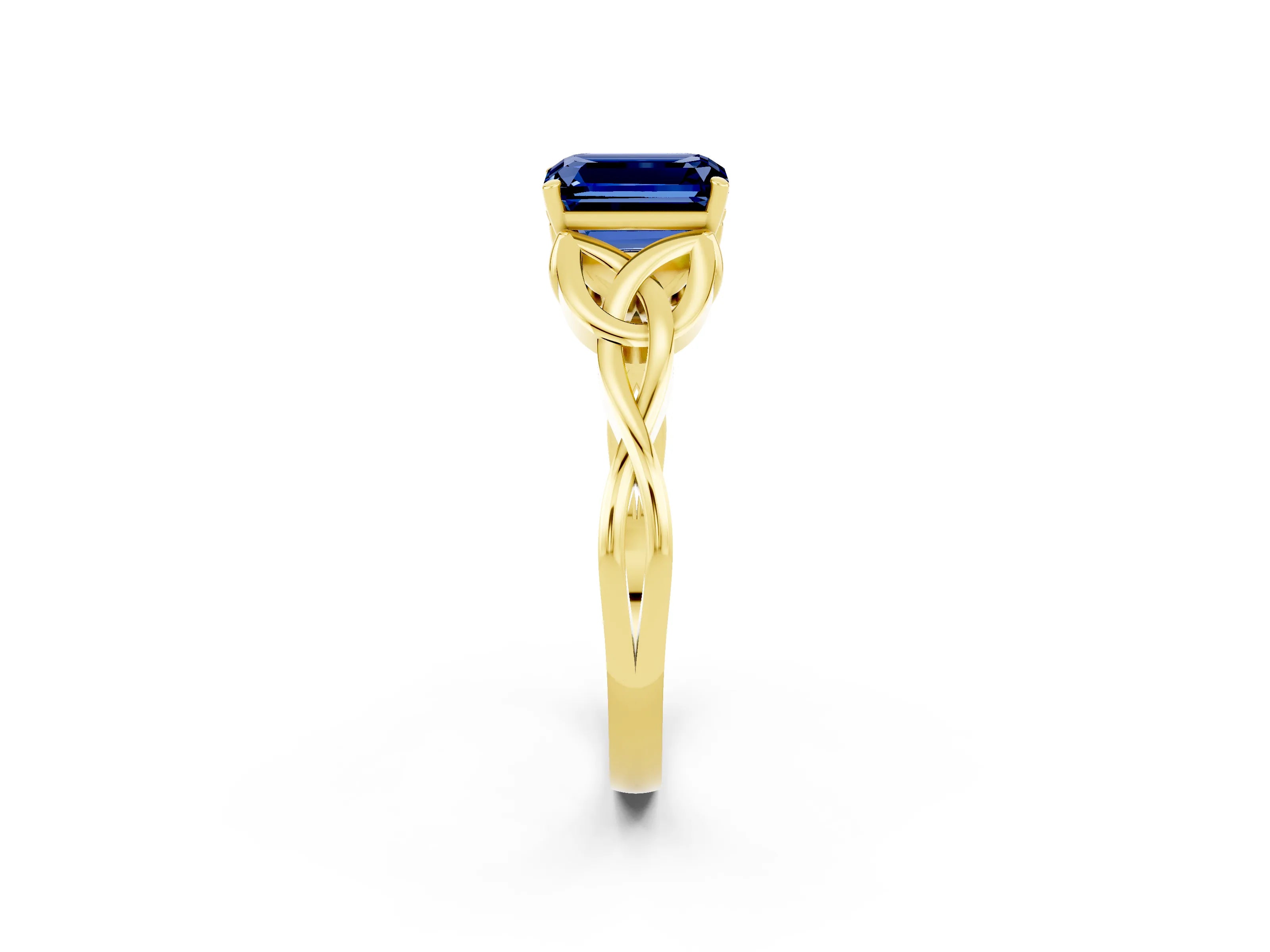 Yellow gold Emerald Cut Blue Sapphire Solitaire Engagement Ring with Celtic Knot Band and Four-Prong Setting_2