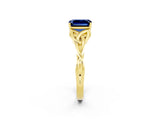Yellow gold Emerald Cut Blue Sapphire Solitaire Engagement Ring with Celtic Knot Band and Four-Prong Setting_2