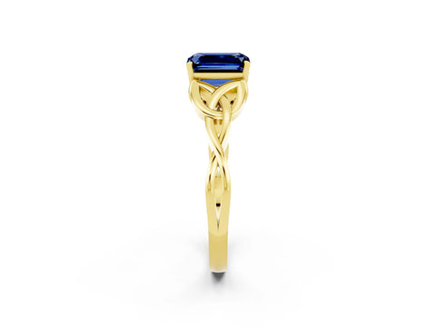 Yellow gold Emerald Cut Blue Sapphire Solitaire Engagement Ring with Celtic Knot Band and Four-Prong Setting_2