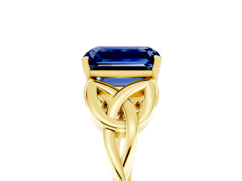 Yellow gold Emerald Cut Blue Sapphire Solitaire Engagement Ring with Celtic Knot Band and Four-Prong Setting_5