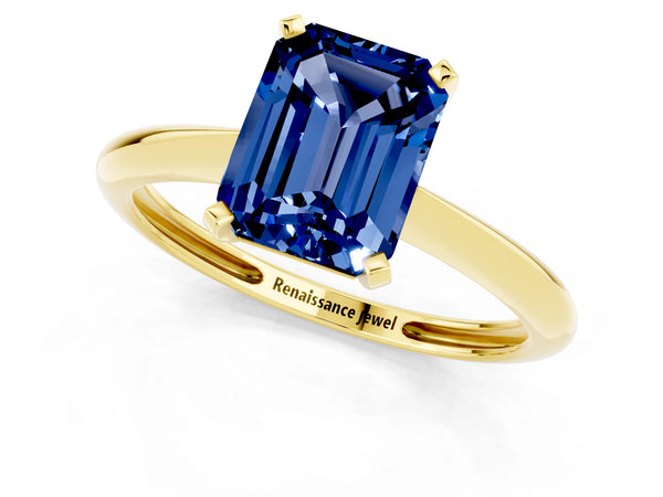 Yellow gold Emerald Cut Blue Sapphire Solitaire Engagement Ring with Classic Band and Four-Prong Setting