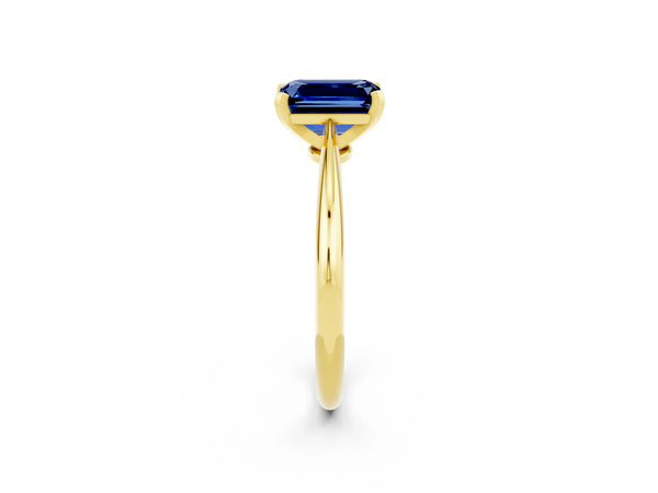 Yellow gold Emerald Cut Blue Sapphire Solitaire Engagement Ring with Classic Band and Four-Prong Setting