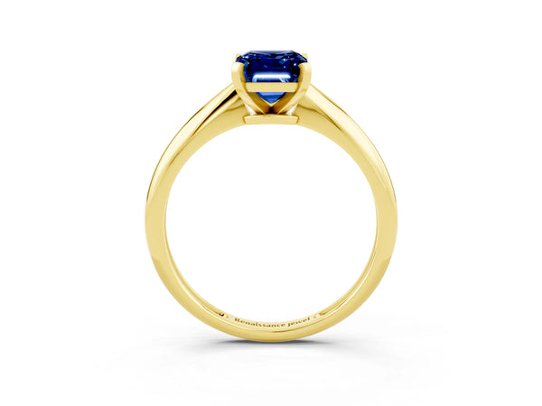 Yellow gold Emerald Cut Blue Sapphire Solitaire Engagement Ring with Classic Band and Four-Prong Setting