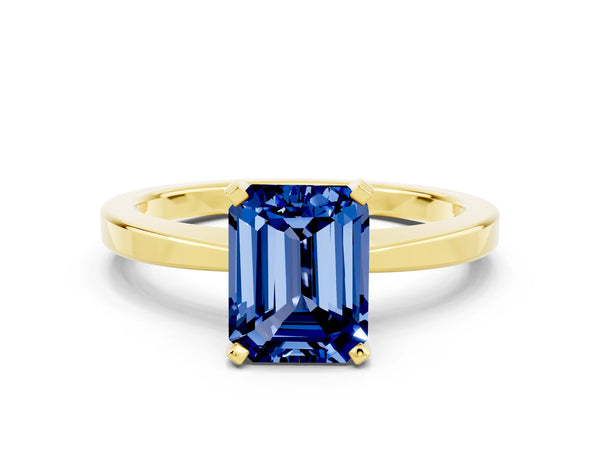 Yellow gold Emerald Cut Blue Sapphire Solitaire Engagement Ring with Classic Band and Four-Prong Setting