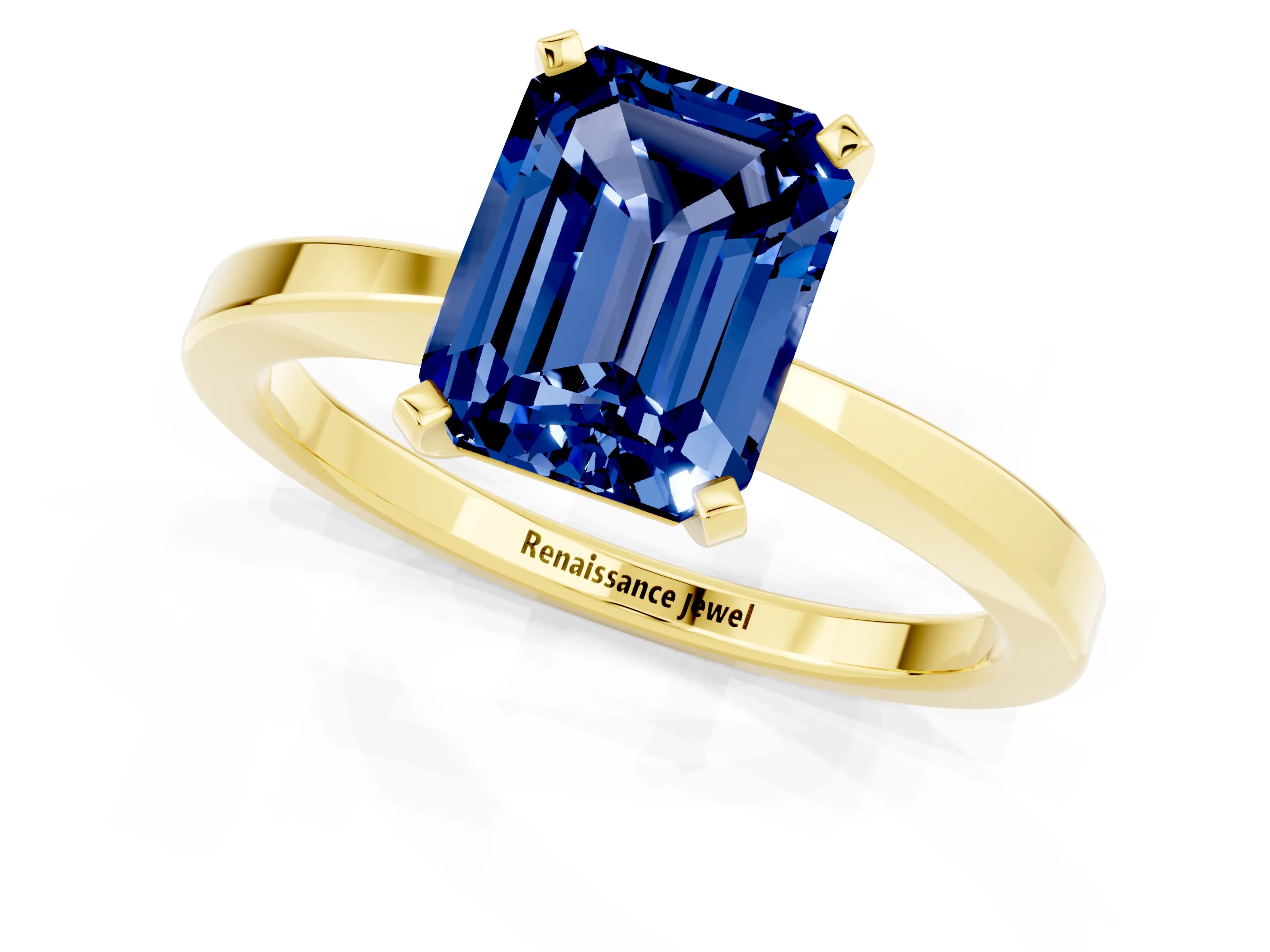 Yellow gold Emerald Cut Blue Sapphire Solitaire Engagement Ring with Classic Band and Four-Prong Setting_25
