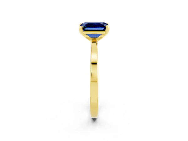 Yellow gold Emerald Cut Blue Sapphire Solitaire Engagement Ring with Classic Band and Four-Prong Setting