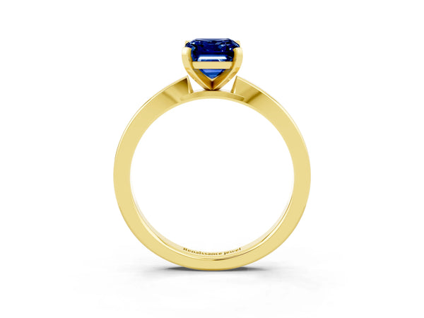 Yellow gold Emerald Cut Blue Sapphire Solitaire Engagement Ring with Classic Band and Four-Prong Setting