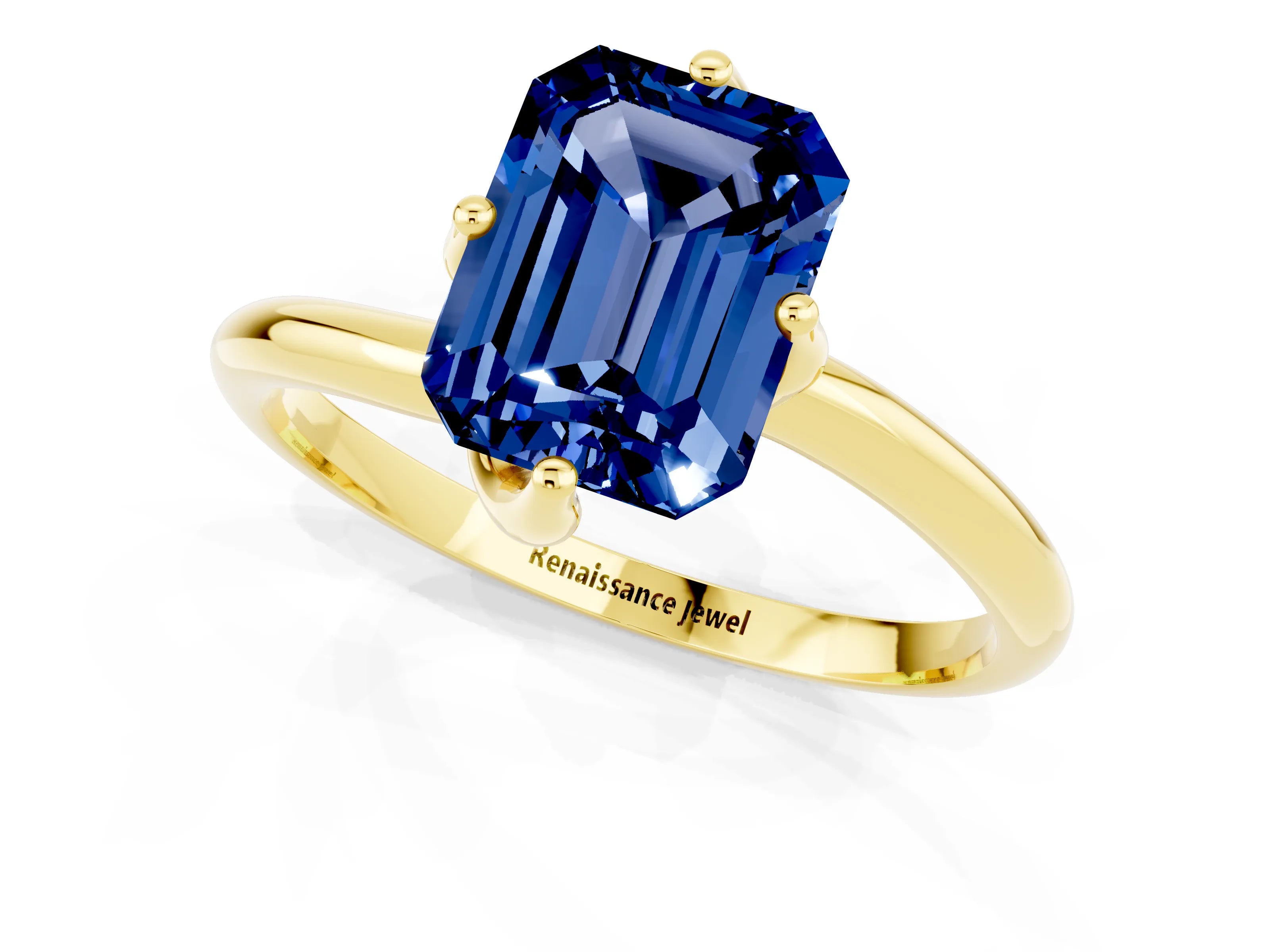 Yellow gold Emerald Cut Blue Sapphire Solitaire Engagement Ring with Four-Prong Setting and Classic Band_13