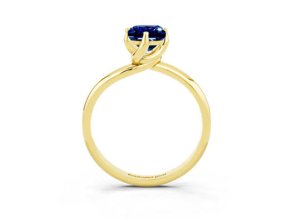 Yellow gold Emerald Cut Blue Sapphire Solitaire Engagement Ring with Four-Prong Setting and Classic Band