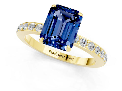 Yellow gold Emerald Cut Blue Sapphire Solitaire Engagement Ring with Pavé Band and Four-Prong Setting_1