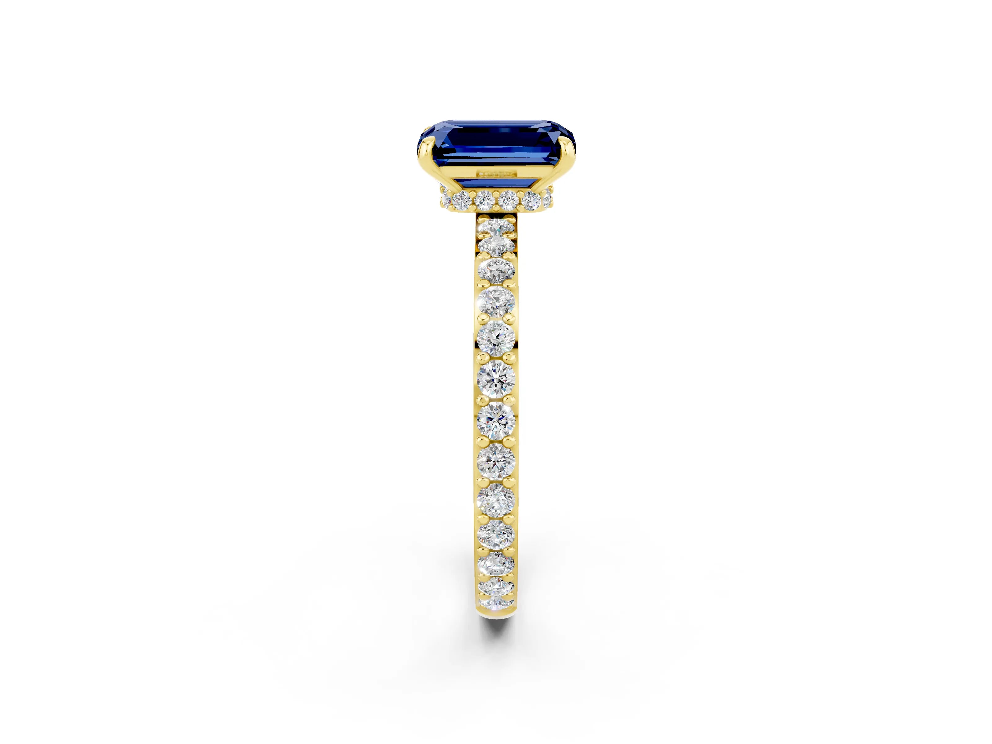 Yellow gold Emerald Cut Blue Sapphire Solitaire Engagement Ring with Pavé Band and Four-Prong Setting_2