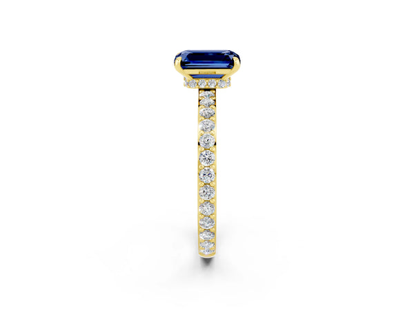 Yellow gold Emerald Cut Blue Sapphire Solitaire Engagement Ring with Pavé Band and Four-Prong Setting