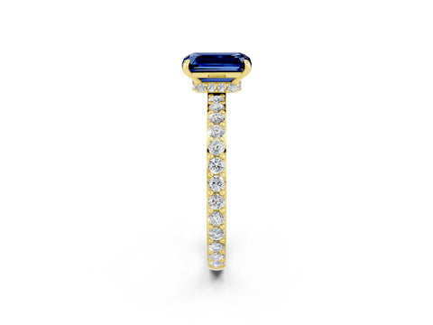Yellow gold Emerald Cut Blue Sapphire Solitaire Engagement Ring with Pavé Band and Four-Prong Setting_2