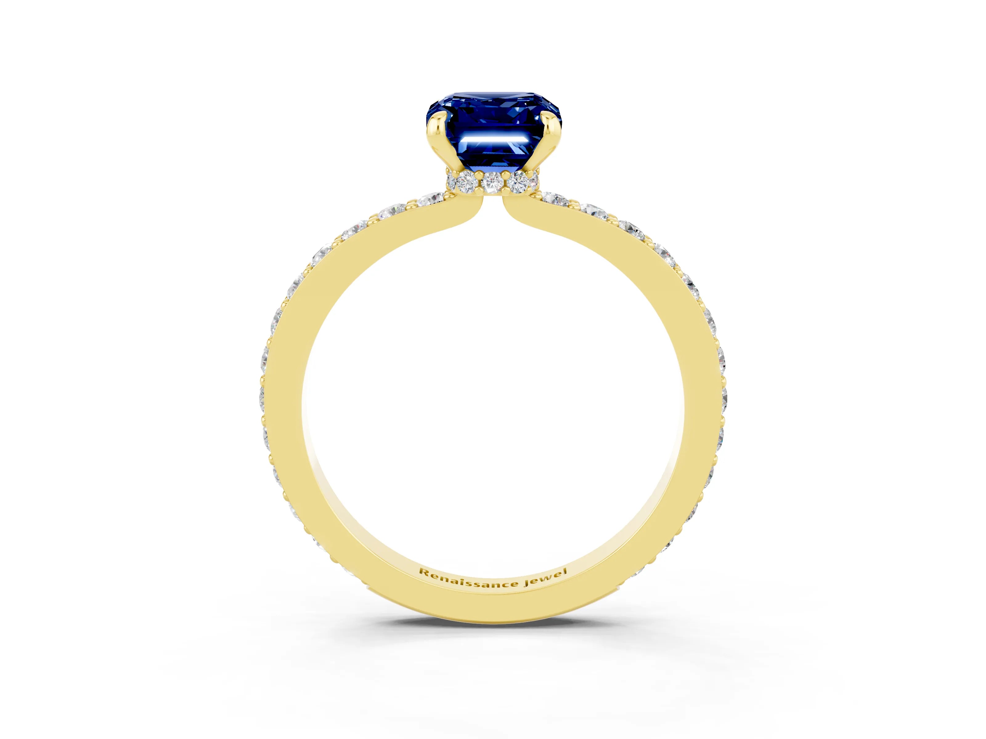 Yellow gold Emerald Cut Blue Sapphire Solitaire Engagement Ring with Pavé Band and Four-Prong Setting_3
