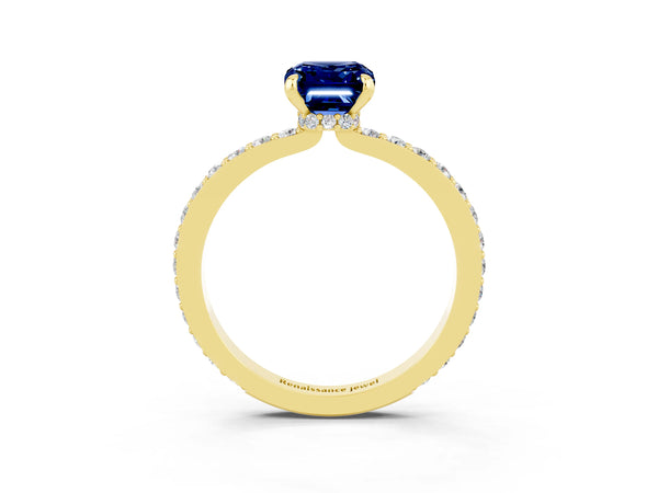 Yellow gold Emerald Cut Blue Sapphire Solitaire Engagement Ring with Pavé Band and Four-Prong Setting