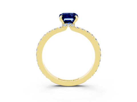 Yellow gold Emerald Cut Blue Sapphire Solitaire Engagement Ring with Pavé Band and Four-Prong Setting_3
