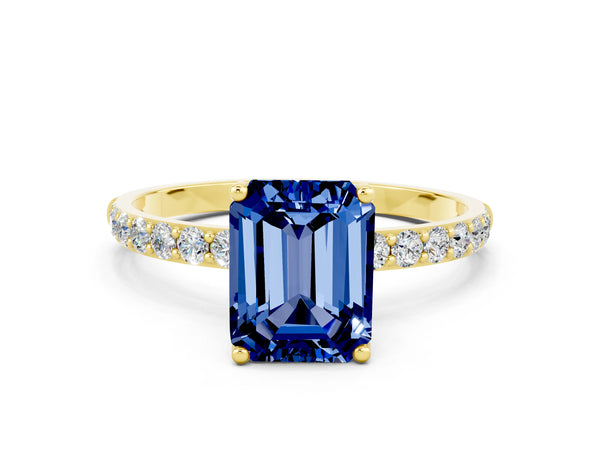 Yellow gold Emerald Cut Blue Sapphire Solitaire Engagement Ring with Round  Pavé Band and Prong Setting