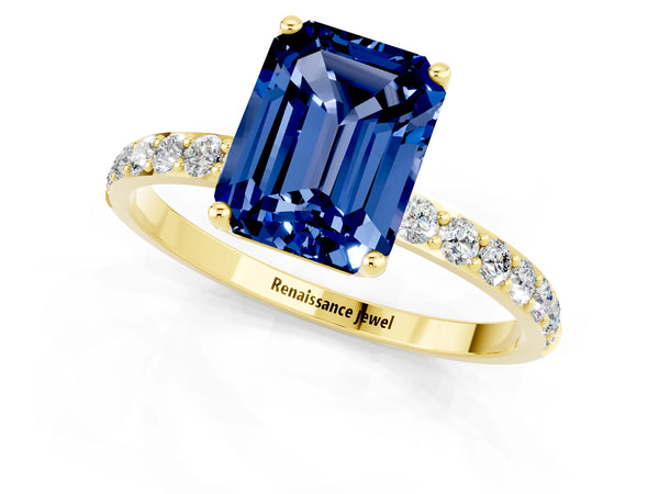 Yellow gold Emerald Cut Blue Sapphire Solitaire Engagement Ring with Round  Pavé Band and Prong Setting