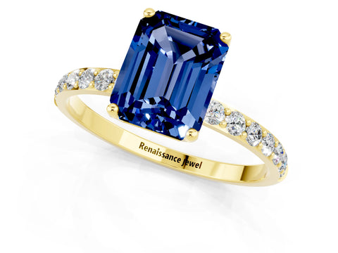 Yellow gold Emerald Cut Blue Sapphire Solitaire Engagement Ring with Pavé Band and Prong Setting_1